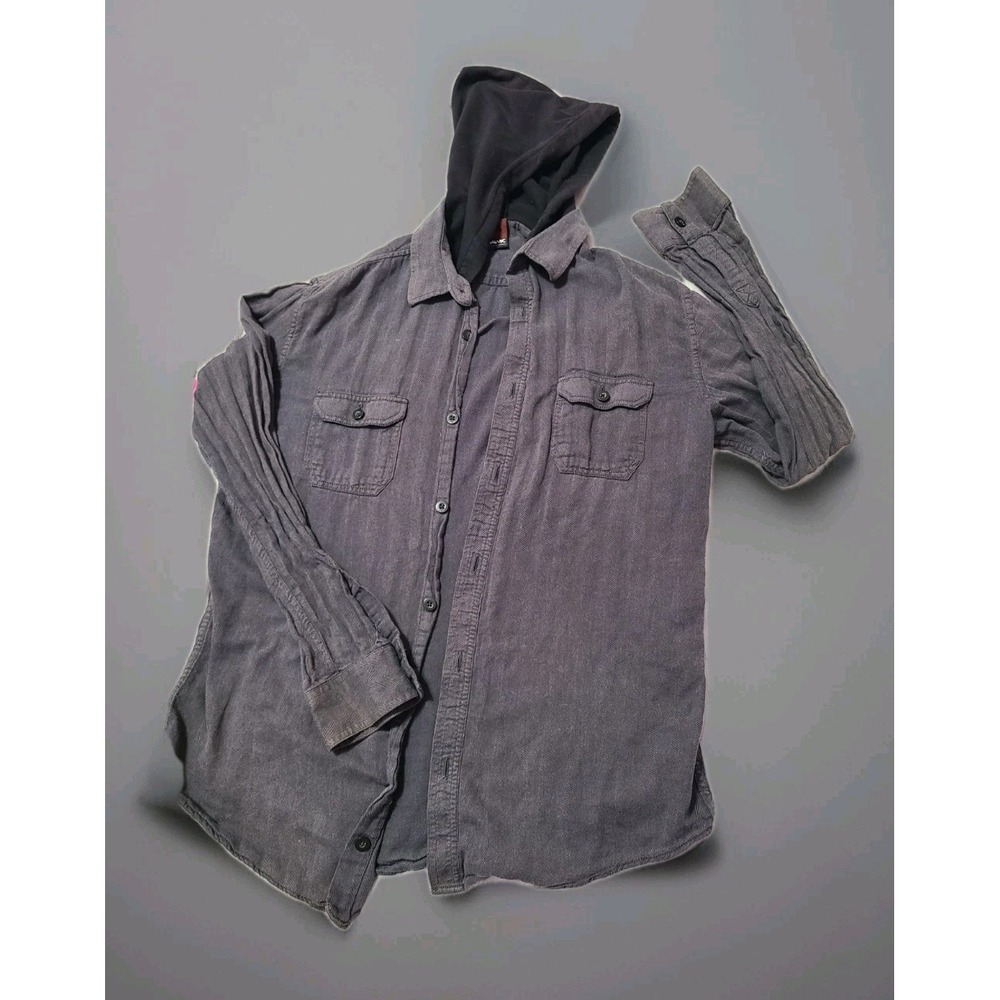 Tony Hawk‎ Men's XL Gray Button Down Long Sleeve Cotton Skater Shirt W/Hoodie